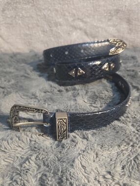 Lee Sands Snake Skin Blue  Leather Western Belt with Decorative Silver Buckle